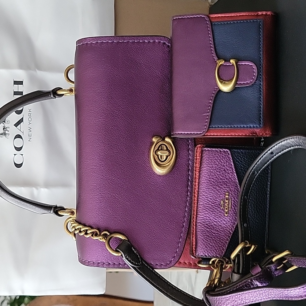 COACH PARKER Metallic Color Block Purple Leather Top Handle Crossbody Set EUC